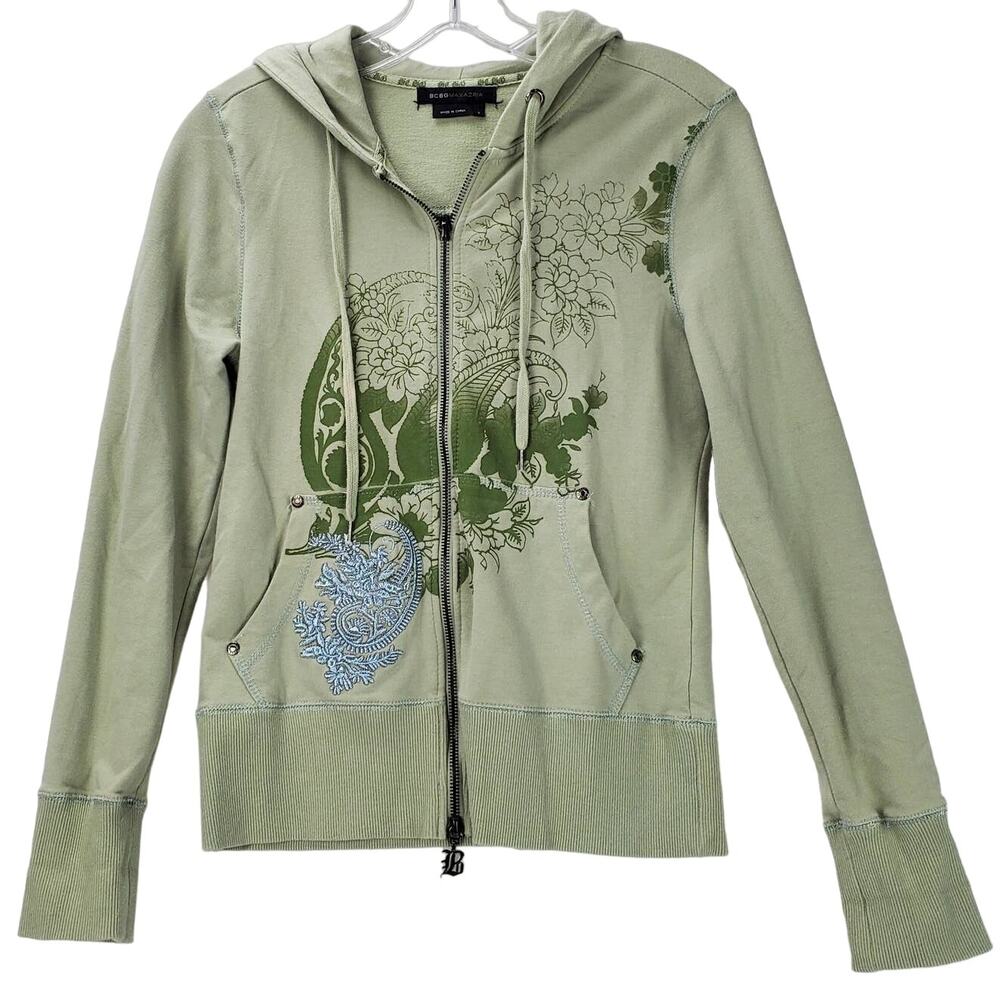 BCBGMaxAzria Sage Green Zip-Up Hoodie with Floral Print